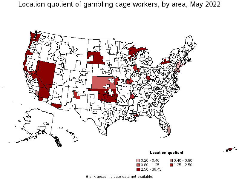 Map of location quotient of gambling cage workers by area, May 2022