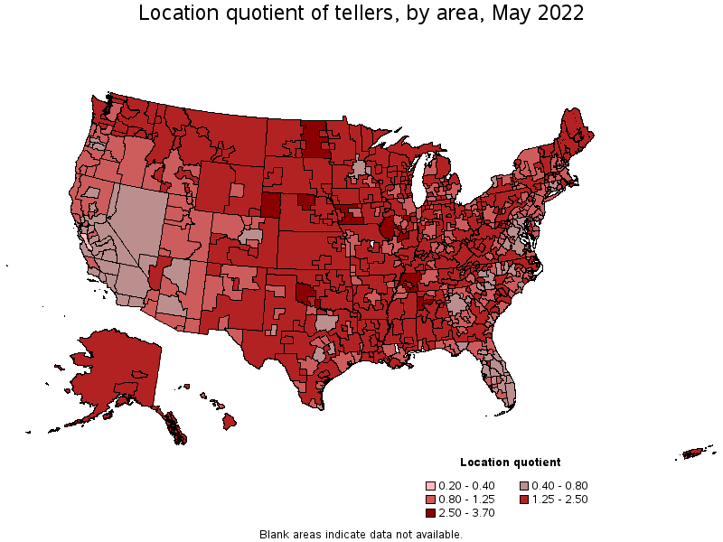 Map of location quotient of tellers by area, May 2022