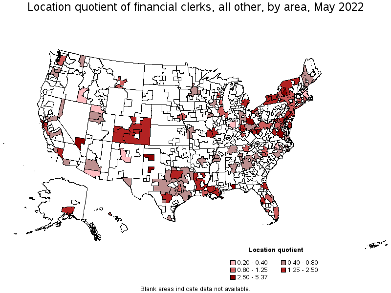 Map of location quotient of financial clerks, all other by area, May 2022