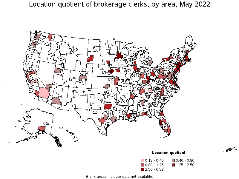 Map of location quotient of brokerage clerks by area, May 2022