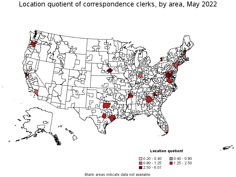Map of location quotient of correspondence clerks by area, May 2022