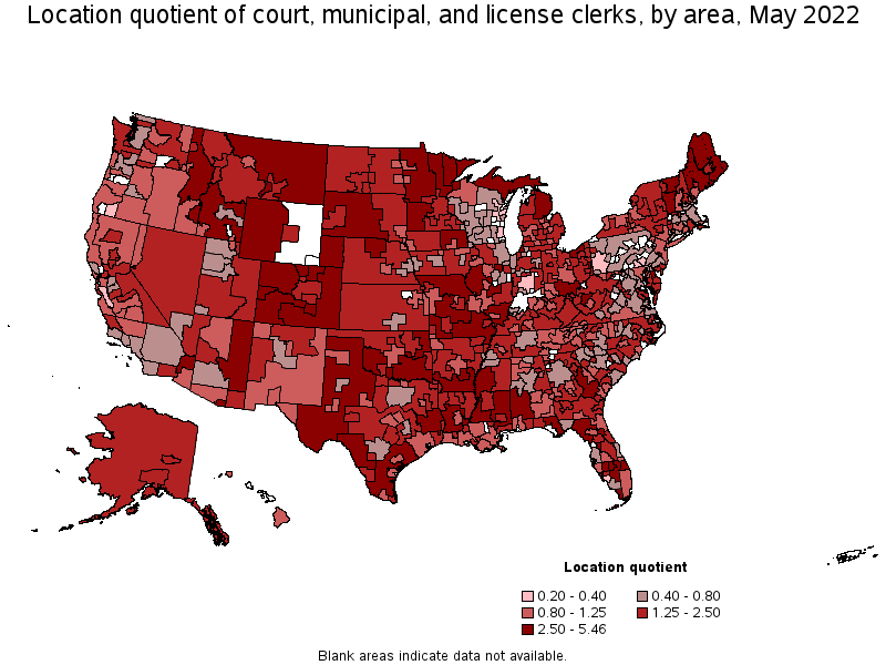Map of location quotient of court, municipal, and license clerks by area, May 2022