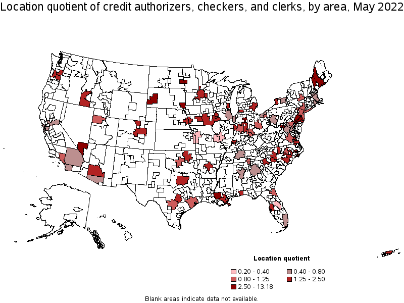 Map of location quotient of credit authorizers, checkers, and clerks by area, May 2022