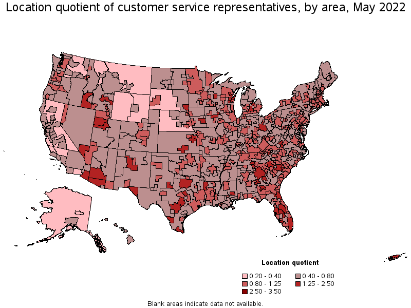 Map of location quotient of customer service representatives by area, May 2022