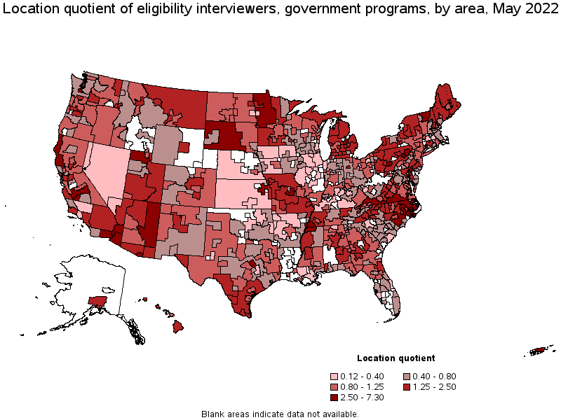 Map of location quotient of eligibility interviewers, government programs by area, May 2022