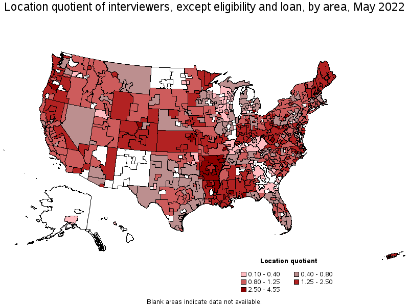 Map of location quotient of interviewers, except eligibility and loan by area, May 2022