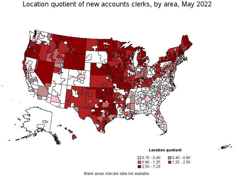 Map of location quotient of new accounts clerks by area, May 2022