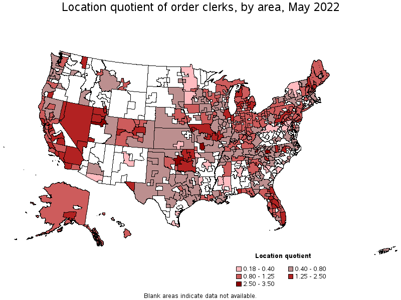 Map of location quotient of order clerks by area, May 2022