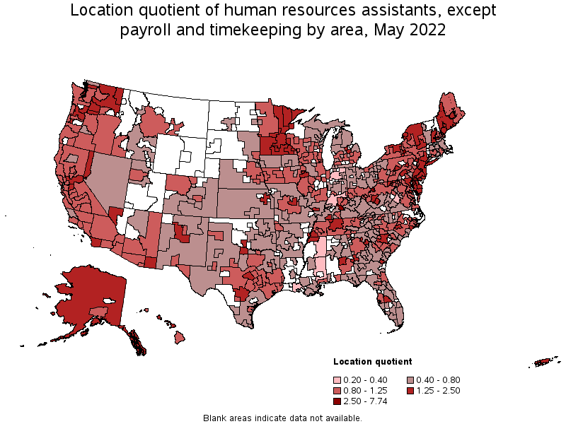 Map of location quotient of human resources assistants, except payroll and timekeeping by area, May 2022
