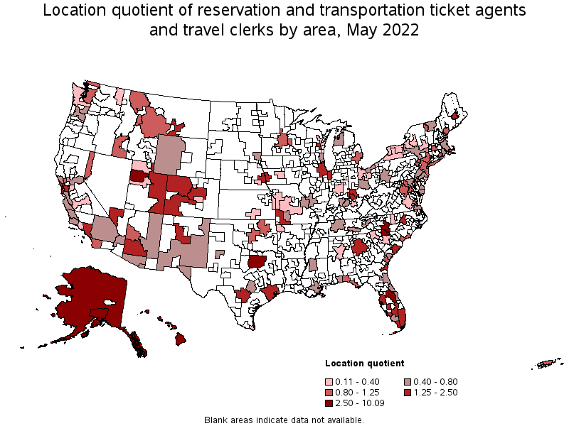 Map of location quotient of reservation and transportation ticket agents and travel clerks by area, May 2022