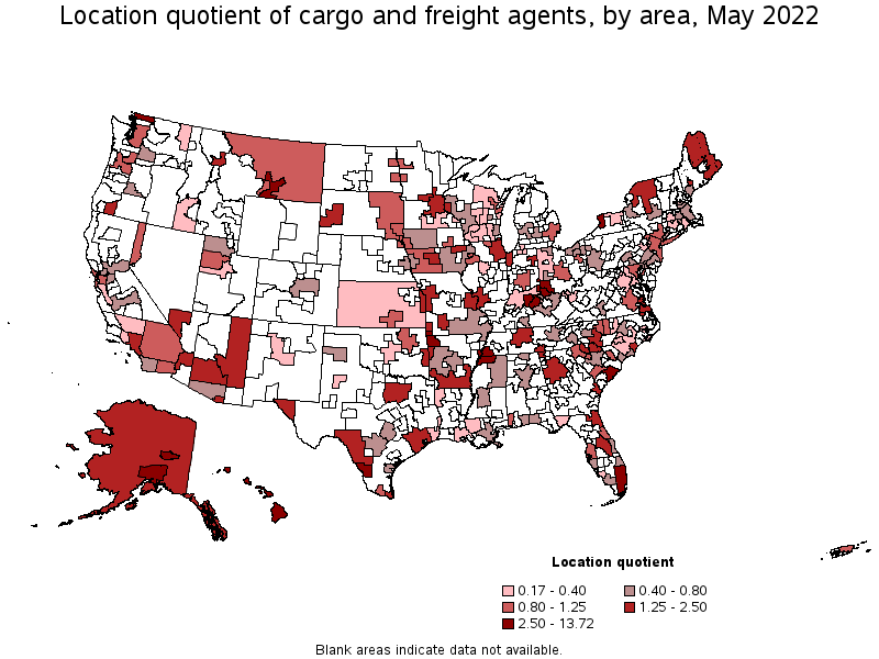 Map of location quotient of cargo and freight agents by area, May 2022
