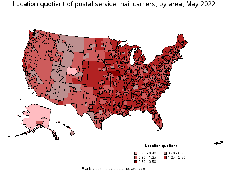 Map of location quotient of postal service mail carriers by area, May 2022