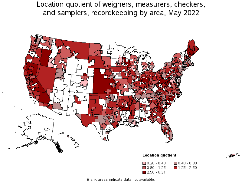 Map of location quotient of weighers, measurers, checkers, and samplers, recordkeeping by area, May 2022