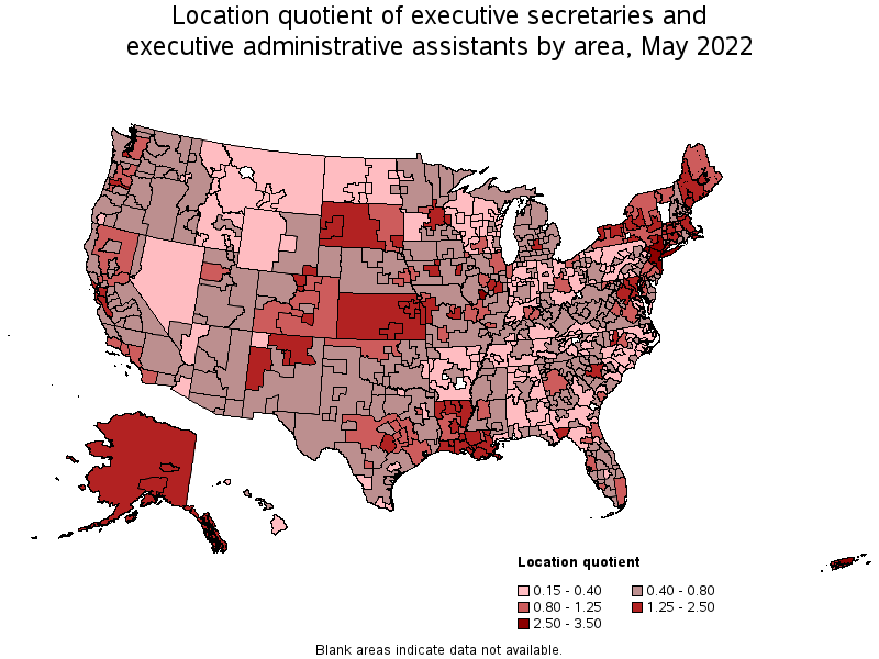 Map of location quotient of executive secretaries and executive administrative assistants by area, May 2022