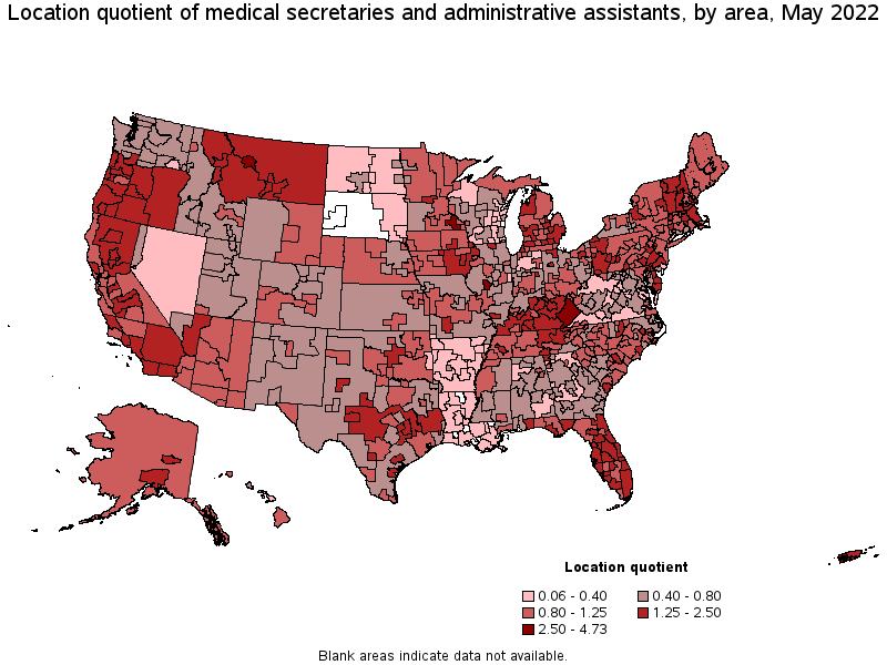 Map of location quotient of medical secretaries and administrative assistants by area, May 2022