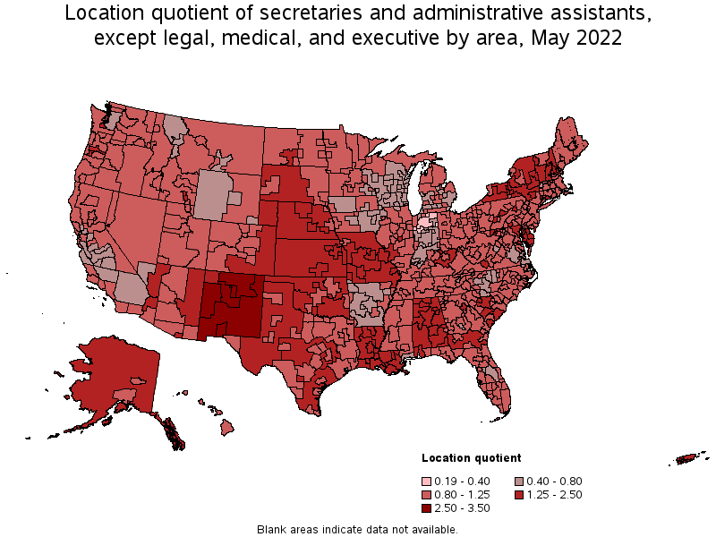 Map of location quotient of secretaries and administrative assistants, except legal, medical, and executive by area, May 2022
