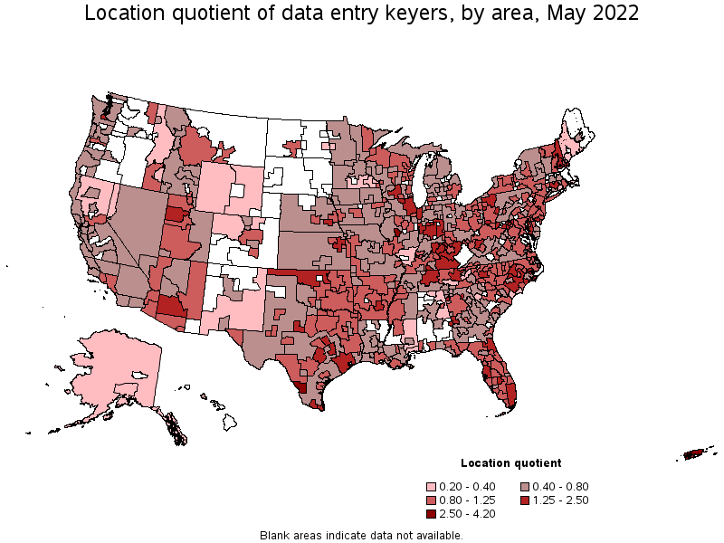 Map of location quotient of data entry keyers by area, May 2022