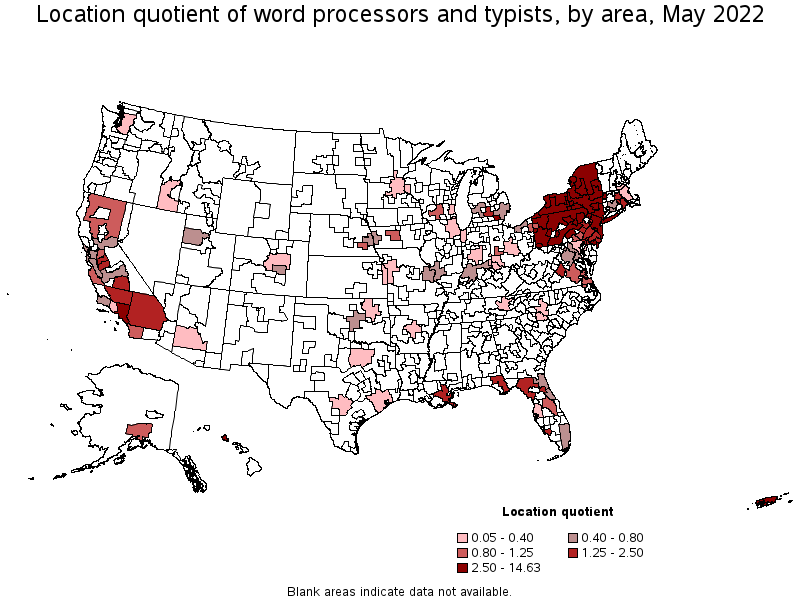 Map of location quotient of word processors and typists by area, May 2022