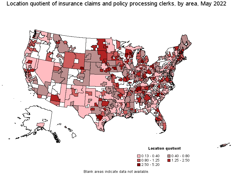 Map of location quotient of insurance claims and policy processing clerks by area, May 2022