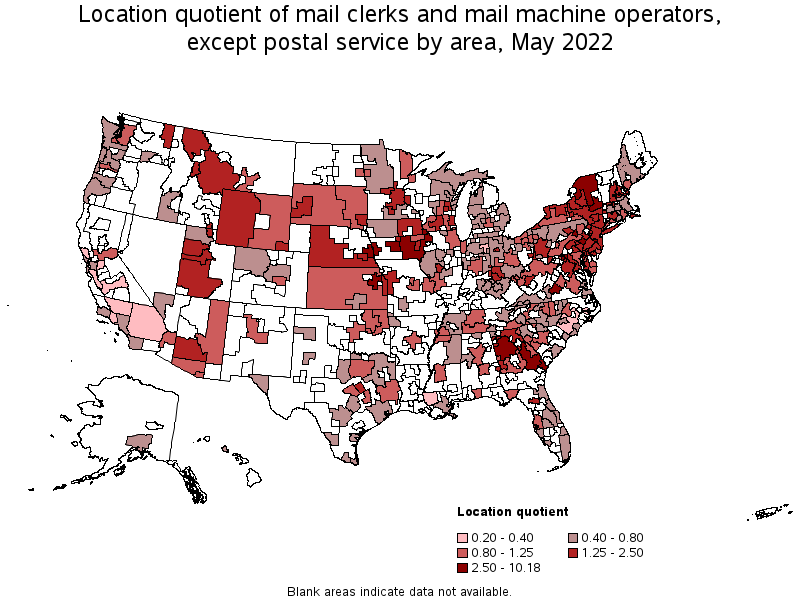 Map of location quotient of mail clerks and mail machine operators, except postal service by area, May 2022
