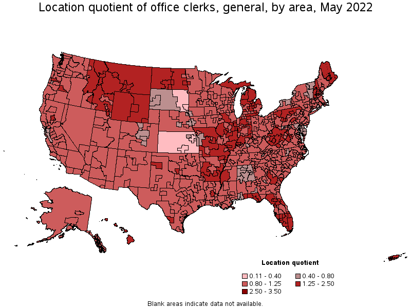 Map of location quotient of office clerks, general by area, May 2022