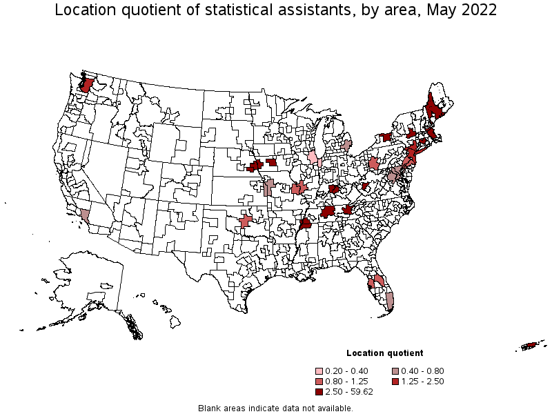 Map of location quotient of statistical assistants by area, May 2022