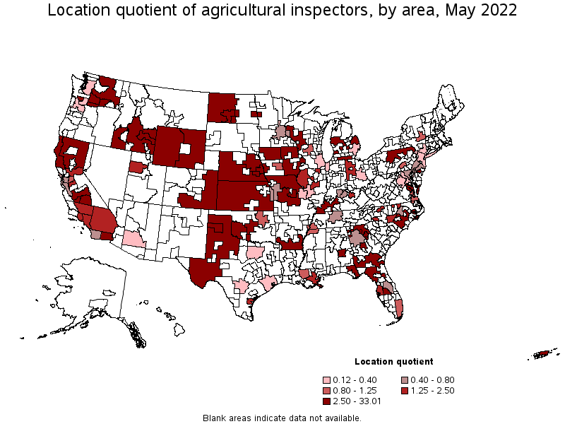 Map of location quotient of agricultural inspectors by area, May 2022
