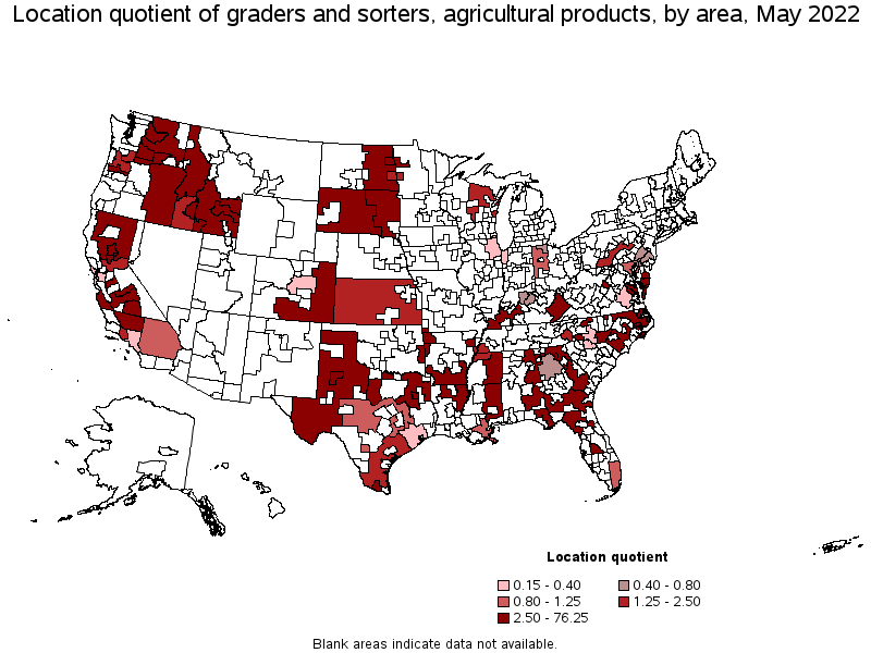 Map of location quotient of graders and sorters, agricultural products by area, May 2022