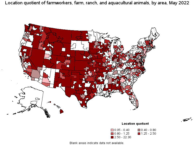 Map of location quotient of farmworkers, farm, ranch, and aquacultural animals by area, May 2022