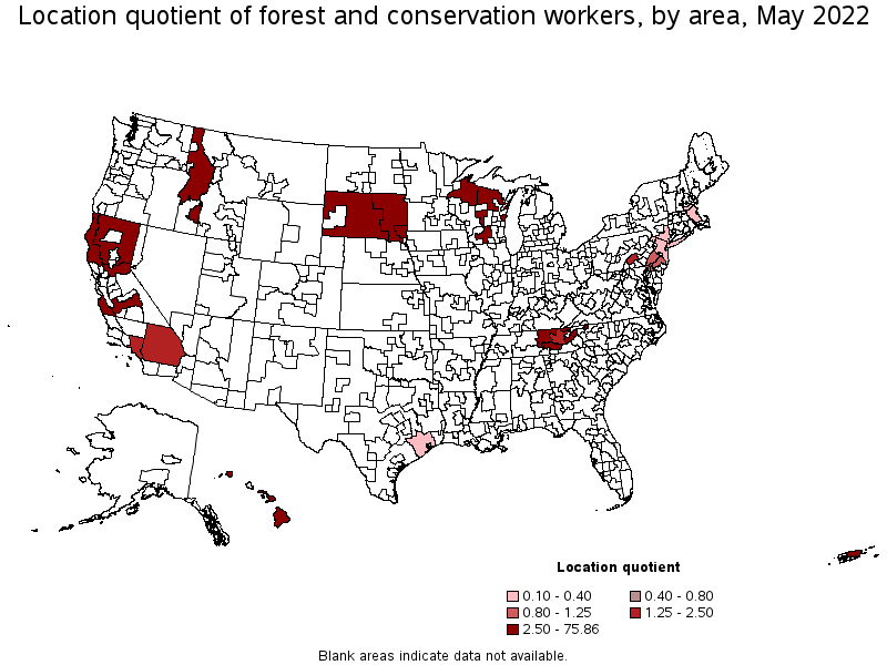 Map of location quotient of forest and conservation workers by area, May 2022