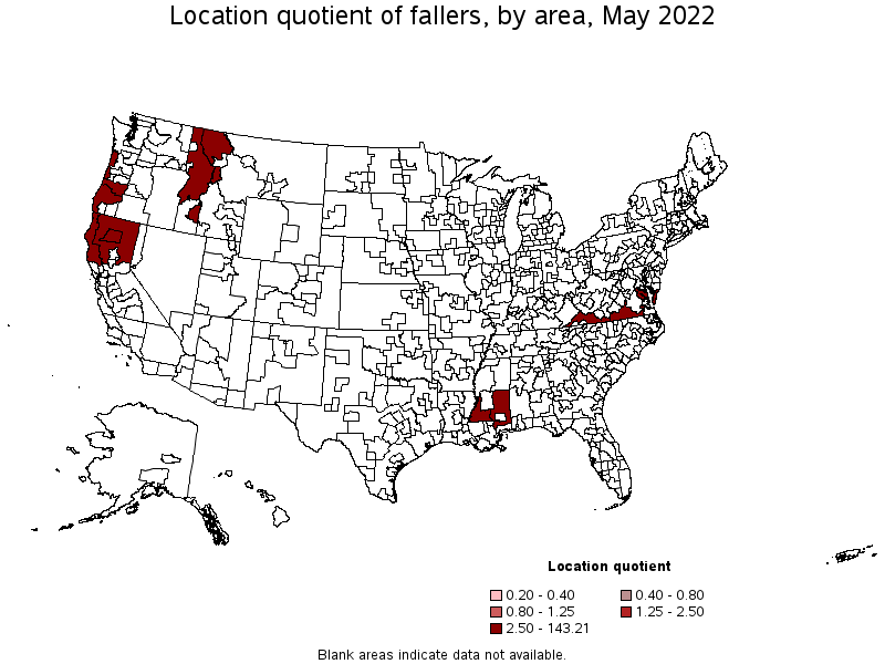 Map of location quotient of fallers by area, May 2022