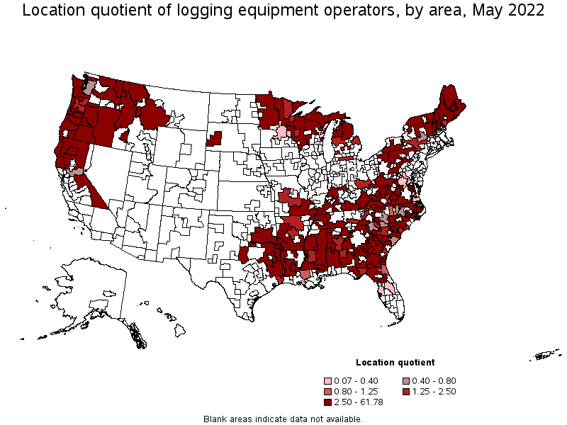 Map of location quotient of logging equipment operators by area, May 2022