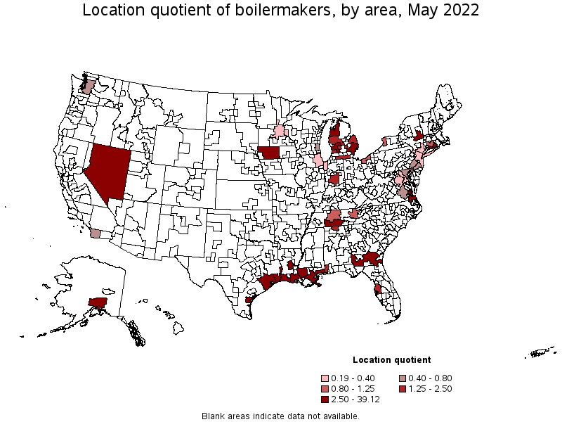 Map of location quotient of boilermakers by area, May 2022