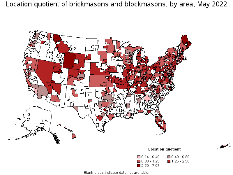Map of location quotient of brickmasons and blockmasons by area, May 2022