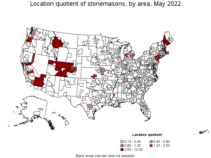 Map of location quotient of stonemasons by area, May 2022