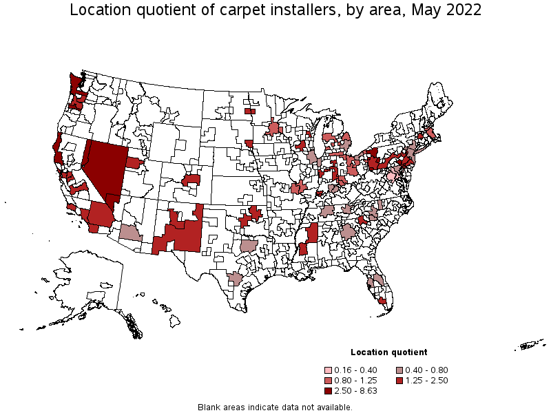 Map of location quotient of carpet installers by area, May 2022