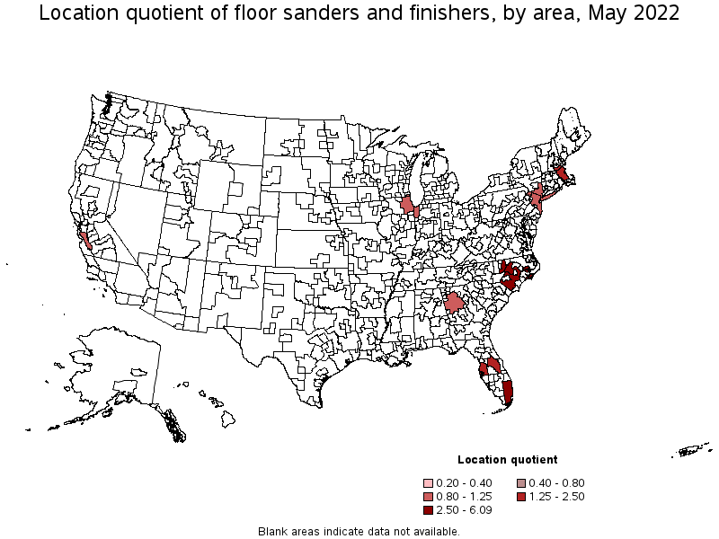 Map of location quotient of floor sanders and finishers by area, May 2022