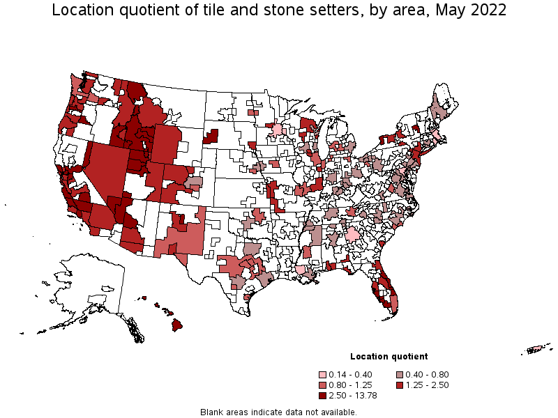 Map of location quotient of tile and stone setters by area, May 2022