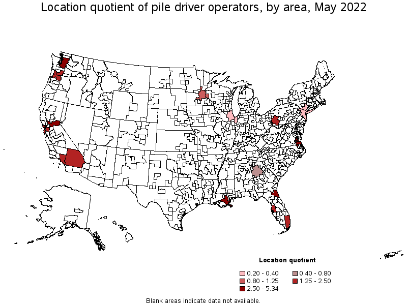 Map of location quotient of pile driver operators by area, May 2022