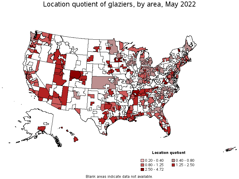Map of location quotient of glaziers by area, May 2022