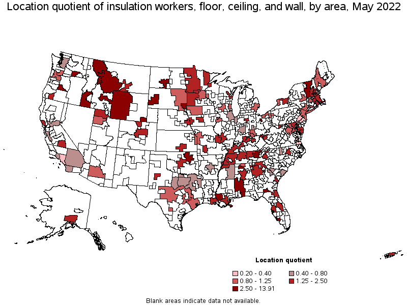 Map of location quotient of insulation workers, floor, ceiling, and wall by area, May 2022