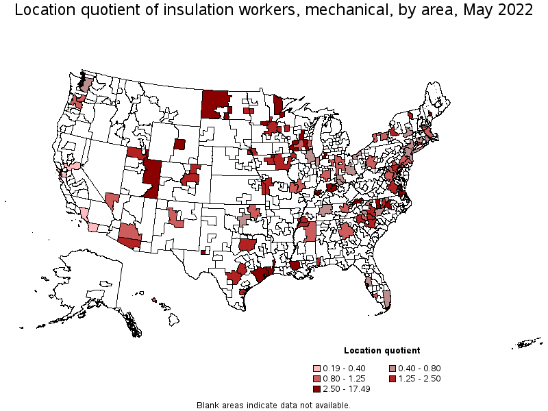 Map of location quotient of insulation workers, mechanical by area, May 2022