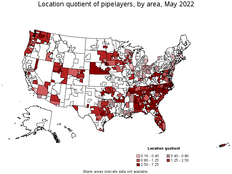 Map of location quotient of pipelayers by area, May 2022