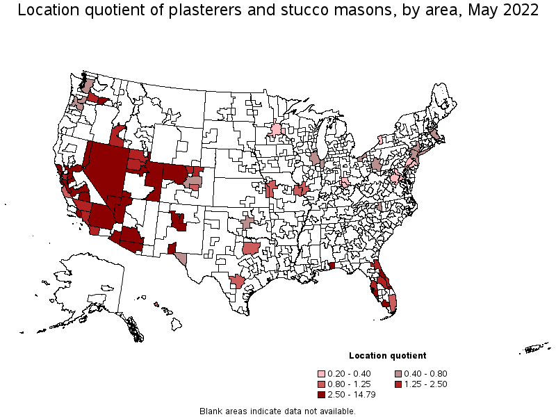 Map of location quotient of plasterers and stucco masons by area, May 2022
