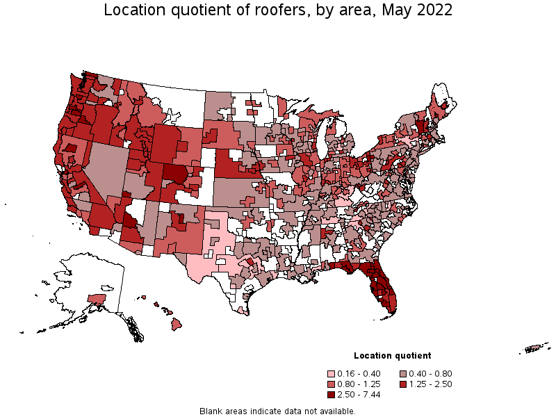 Map of location quotient of roofers by area, May 2022