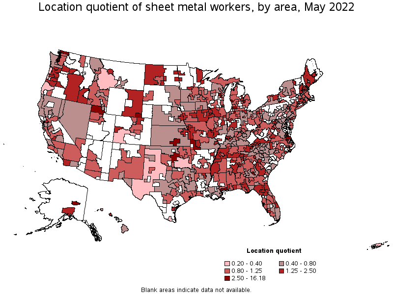 Map of location quotient of sheet metal workers by area, May 2022