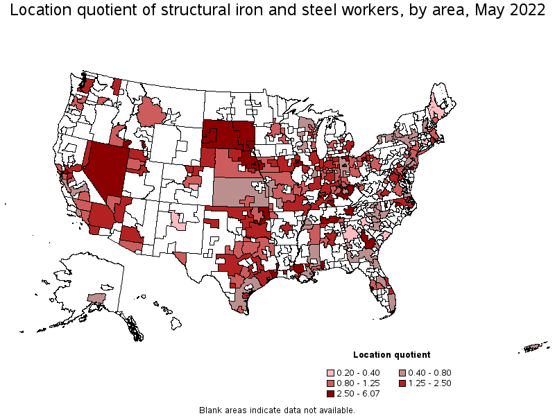 Map of location quotient of structural iron and steel workers by area, May 2022