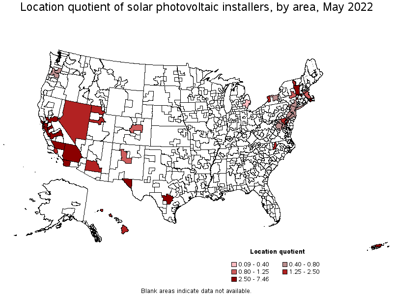 Map of location quotient of solar photovoltaic installers by area, May 2022