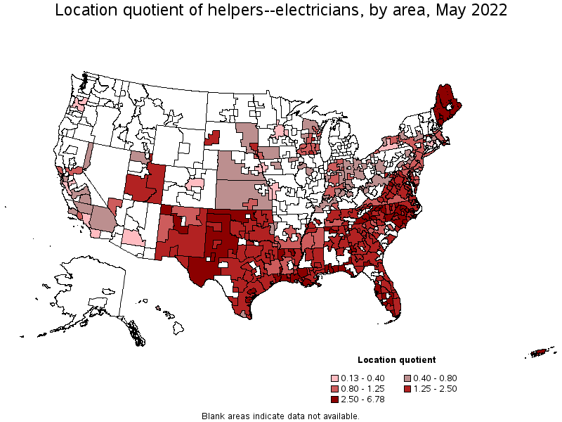 Map of location quotient of helpers--electricians by area, May 2022