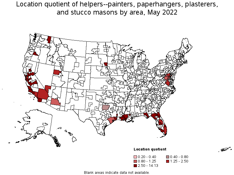 Map of location quotient of helpers--painters, paperhangers, plasterers, and stucco masons by area, May 2022
